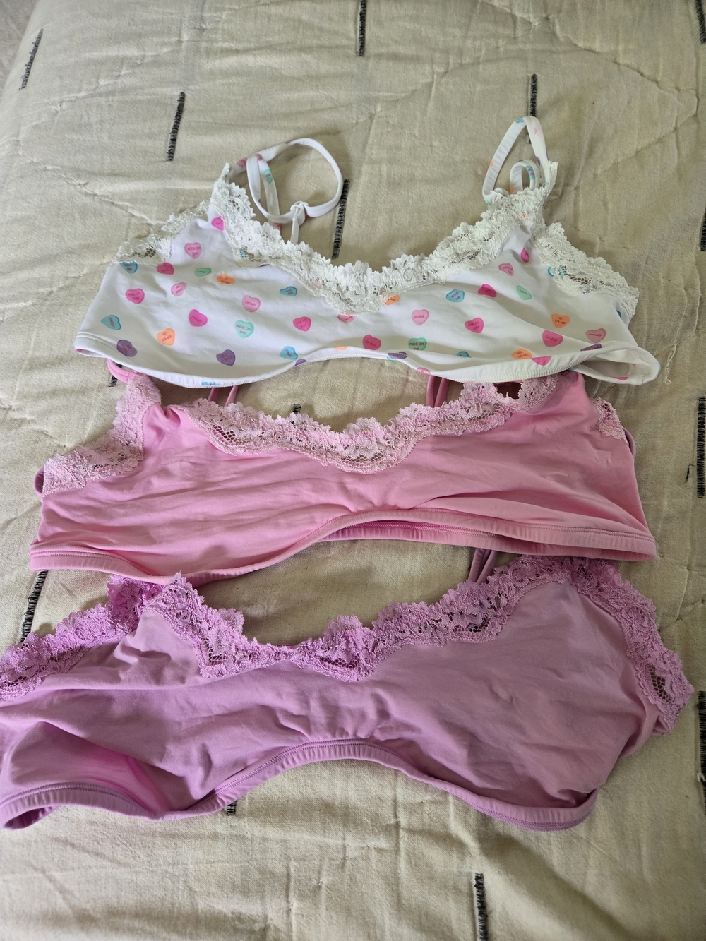 Lace-Trim Cotton Bralette Set - Pink & White Heart Print Skims